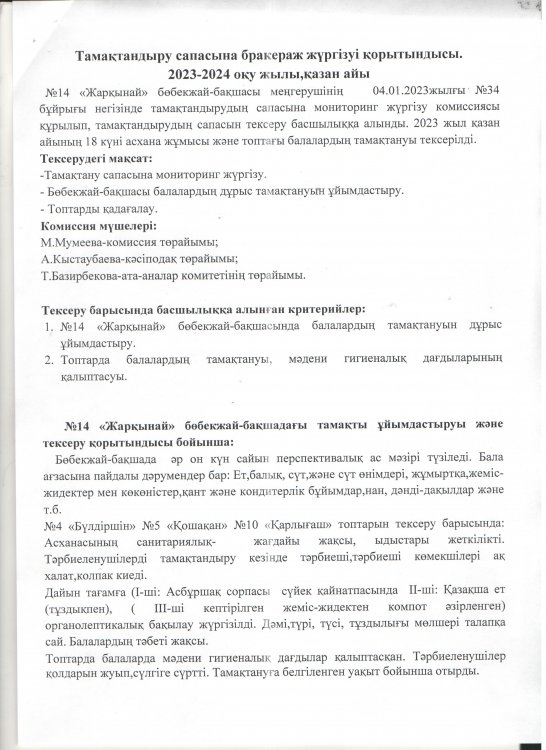 Тамақтану сапасына бракераж жүргізу қорытындысы