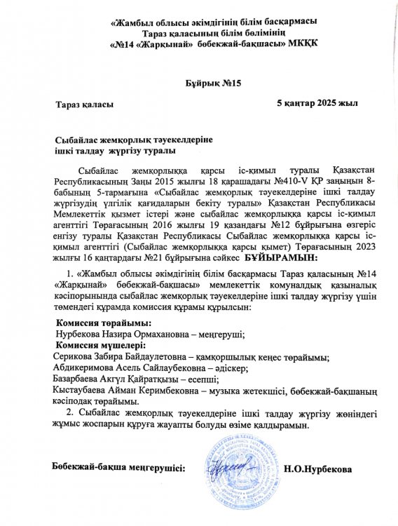 Ішкі талдау жүргізу туралы комиссия құру туралы бұйрығы